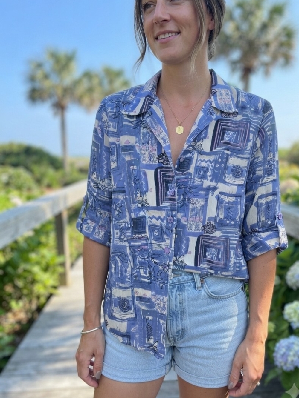 Blue Printed Button-Down Shirt - Lightweight Summer Top